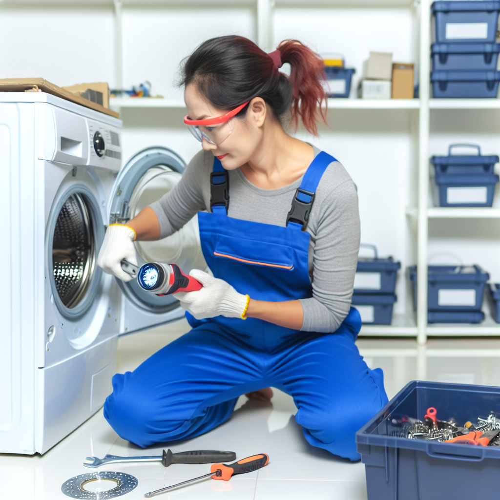 woman repairing a washing machine